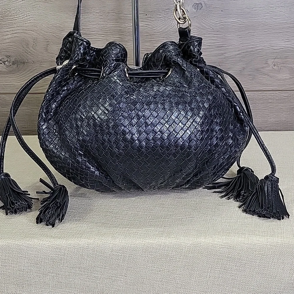 Elliott Lucca Black Woven Leather Drawstring Crossbody Bag